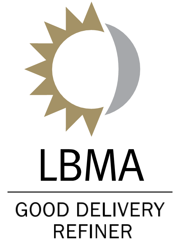 Logotipo de la LBMA que muestra un sol dorado parcialmente cubierto por una media luna plateada, con la LBMA en negrita debajo y las palabras Good Delivery Refiner escritas bajo una línea horizontal.