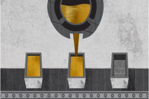 Illustrazione di oro fuso che viene versato da un grande contenitore in uno stampo, con due stampi vuoti e un nastro trasportatore sottostante, su sfondo grigio.