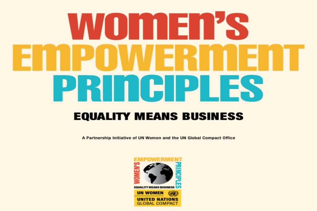 Grafica di testo con parole in grassetto e colorate: "Principi di emancipazione femminile: Equality Means Business". I loghi di UN Women e del Global Compact delle Nazioni Unite sono presenti in basso.