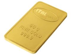 Un lingotto d'oro rettangolare etichettato ITAL, del peso di 50 grammi e con una purezza di 999,9, è raffigurato su uno sfondo bianco.