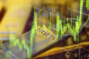 Primo piano di lingotti d'oro con la parola GOLD visibile, sovrapposta a un grafico finanziario verde e a dati, che simboleggiano il commercio e l'investimento in oro.