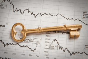 Una chiave d'oro poggia su un grafico del mercato azionario stampato che mostra dati finanziari fluttuanti, evidenziando la volatilità e gli eventi significativi del mercato nel tempo.