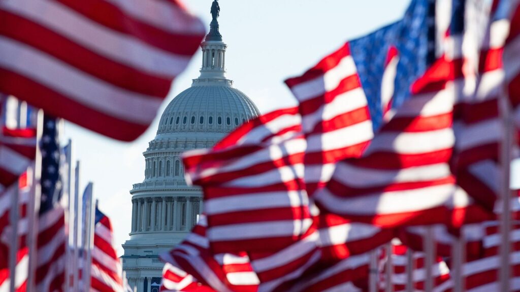 L'edificio del Campidoglio degli Stati Uniti sullo sfondo, incorniciato da numerose bandiere americane che sventolano in primo piano.