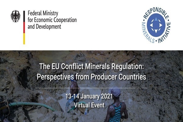 Striscione dell'evento con i loghi del Ministero federale per la Cooperazione e lo Sviluppo Economico e dell'Iniziativa Minerali Responsabili, con il testo di un evento online sul regolamento UE sui minerali dei conflitti, 13-14 gennaio 2021. Sfondo: minatori al lavoro.