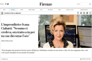 Schermata di un articolo di cronaca italiana con protagonista l'imprenditrice Ivana Ciabatti. L'imprenditrice è seduta a una scrivania con lo schermo di un computer alle sue spalle. Il titolo sottolinea i suoi successi in un settore dominato dagli uomini.