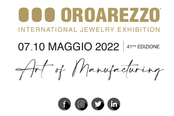 Logo del Salone Internazionale del Gioiello di Oroarezzo con la data dell'evento, 07-10 maggio 2022, 41ª edizione, e la frase Art of Manufacturing. Le icone dei social media per Facebook, Instagram, Twitter e LinkedIn sono in basso.