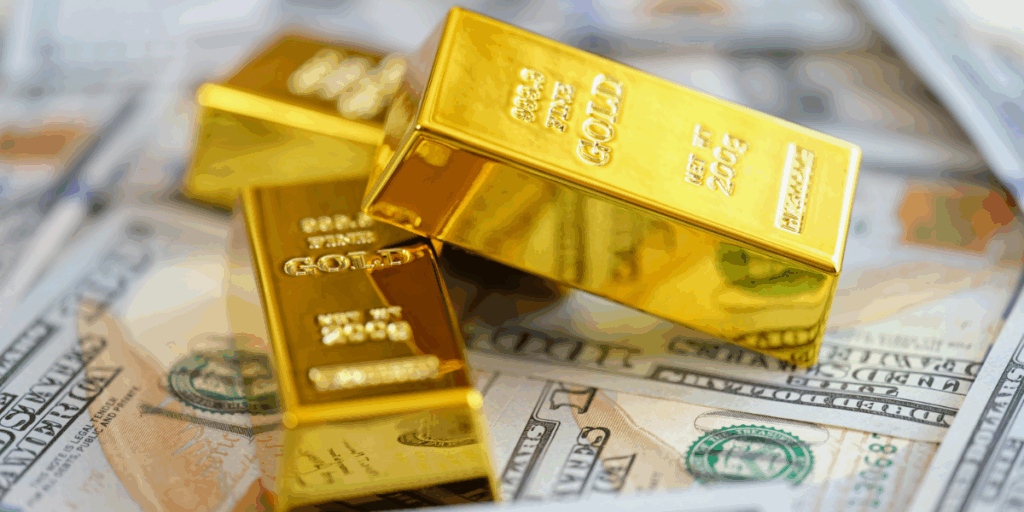 Tre luccicanti lingotti d'oro sono appoggiati su banconote da cento dollari sparse, a simboleggiare la ricchezza e i beni finanziari.