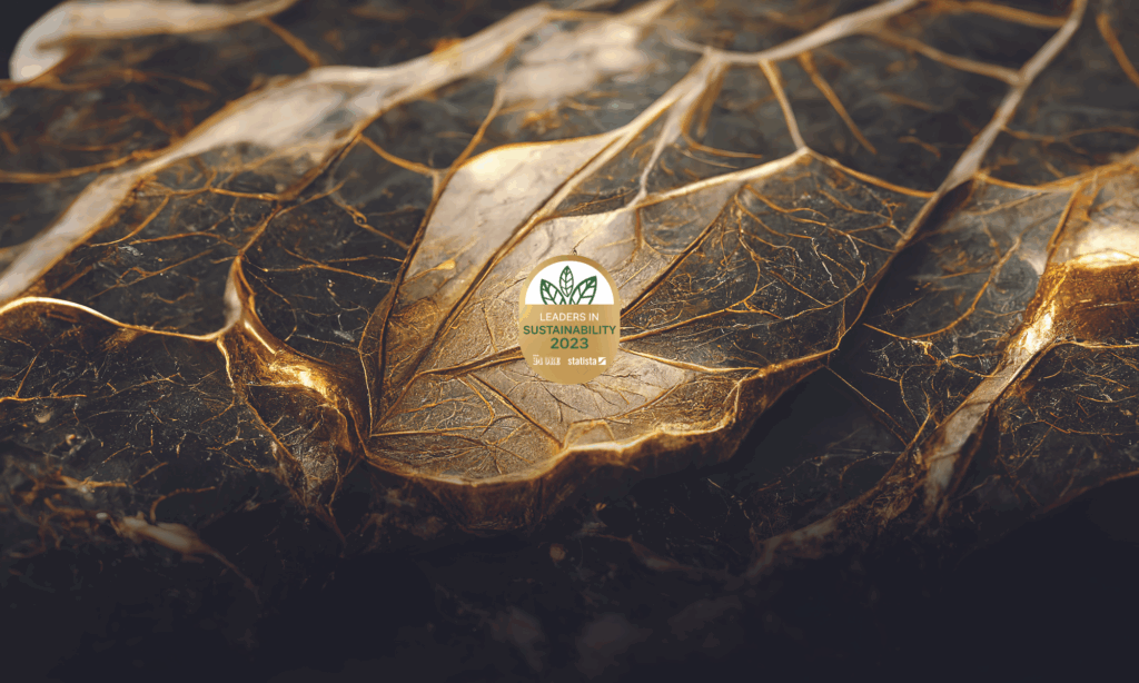 Close-up of dark, textured leaves with gold veins. At the center is a circular badge reading “Leaders in Sustainability 2023, Suzi’s Sweets,” featuring a leaf logo above the text.