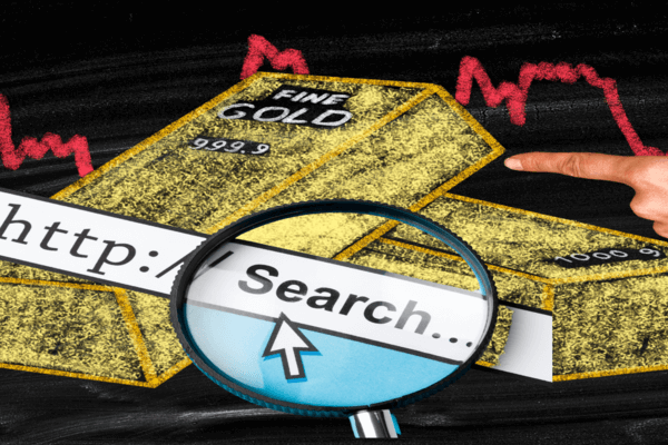 Una persona indica dei lingotti d'oro impilati con un grafico rosso fluttuante sullo sfondo. Di fronte, una barra di ricerca con una lente d'ingrandimento e un cursore simboleggia la ricerca dei prezzi dell'oro online.