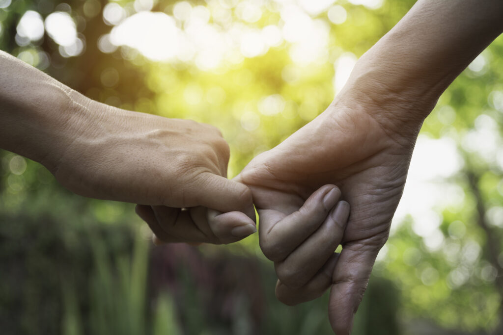 Two people gently holding hands outdoors, with sunlight shining through green trees in the background, symbolizing connection, support, or love.