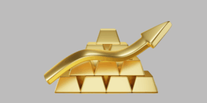 A stack of gold bars with a large, upward-pointing gold arrow curving over them, symbolizing growth or an increase in value, on a plain gray background.