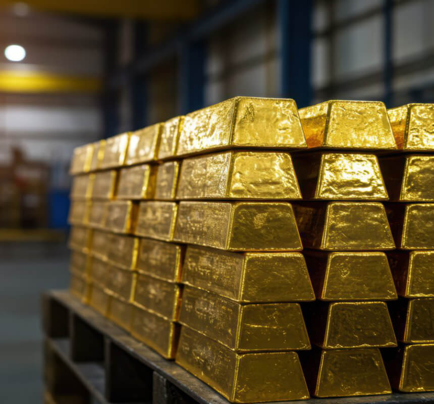 Pilas de brillantes lingotes de oro se disponen ordenadamente sobre un palé en el interior de una nave industrial con estanterías metálicas e iluminación de fondo difuminada.