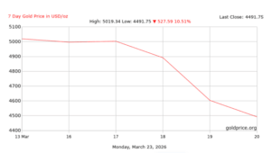 Grafico a linea che mostra il prezzo dell'oro in USD per oncia nell'arco di 7 giorni, dal 13 al 20 marzo 2026. Il prezzo è sceso bruscamente da un massimo di $5.019,34 a un minimo di $4.491,75, con un calo di $527,59 pari al 10,51%.