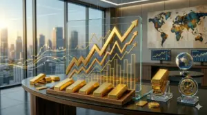 ufficio con in primo piano una serie di lingotti in oro e dietro un grafico 3d con andamento dei mercati