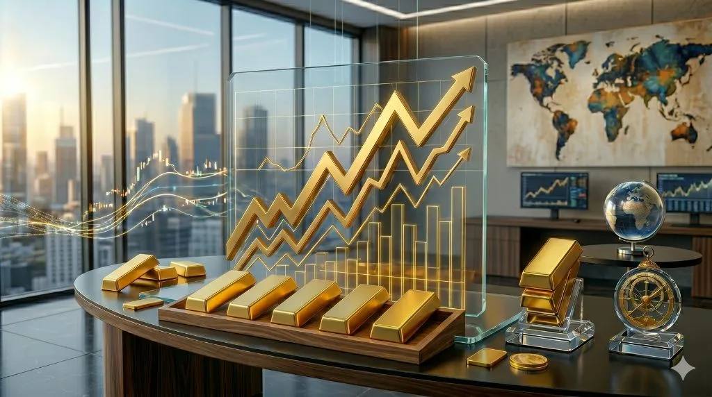 ufficio con in primo piano una serie di lingotti in oro e dietro un grafico 3d con andamento dei mercati